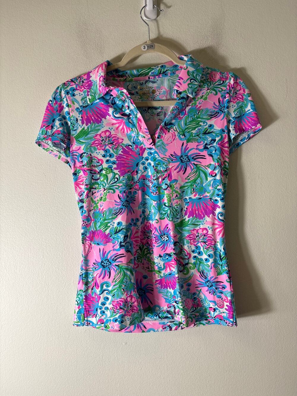 Lilly Pulitzer Pink Aqua Cap Sleeve Golf Shirt Sz XS